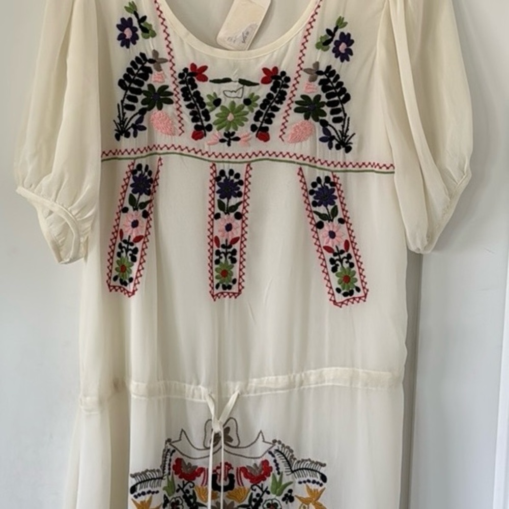 Joy Joy Cream drawstring Dress with embroidered Floral Design